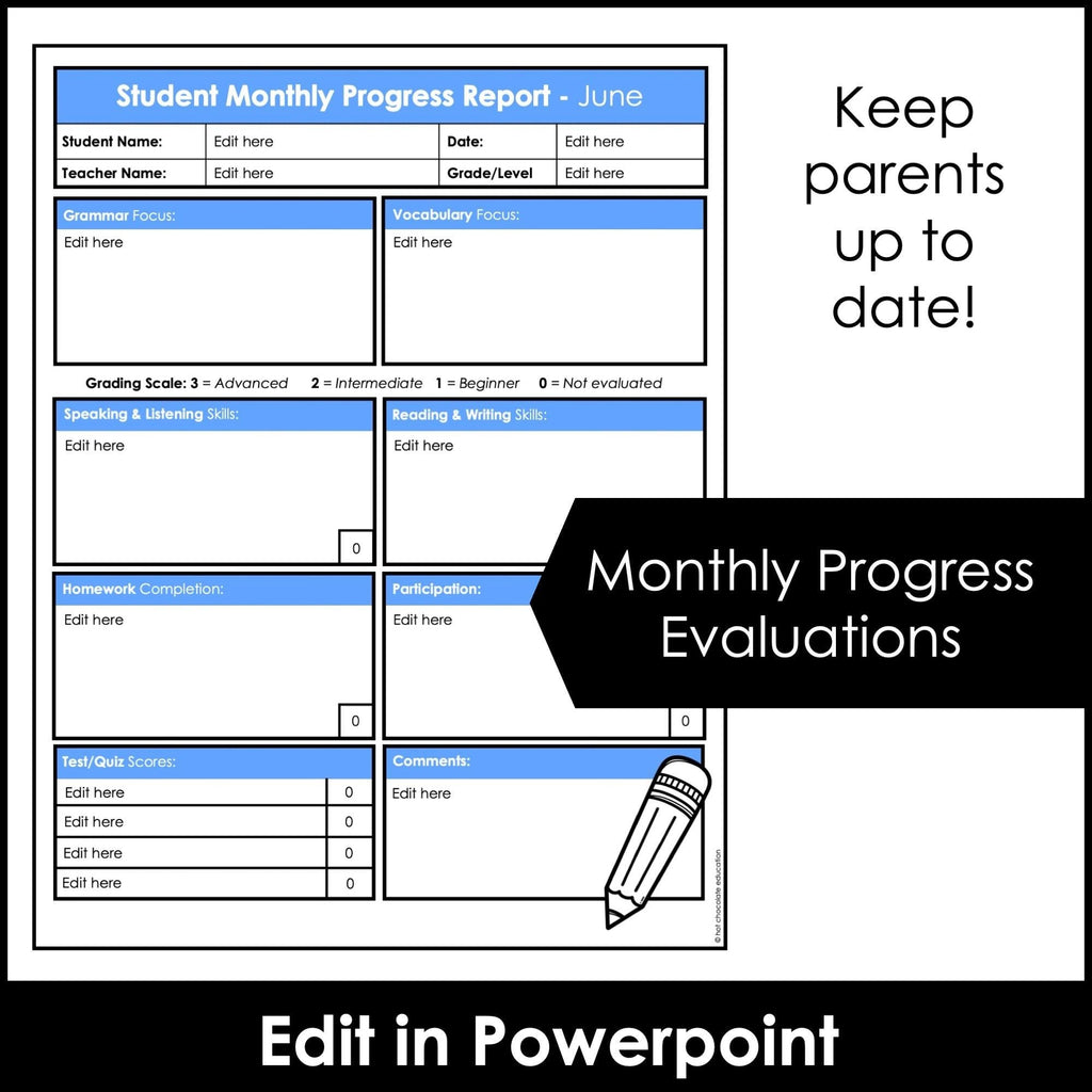 ESL / EFL Editable Progress Reports | Tracking | Planning & Assessment Templates - Hot Chocolate Teachables