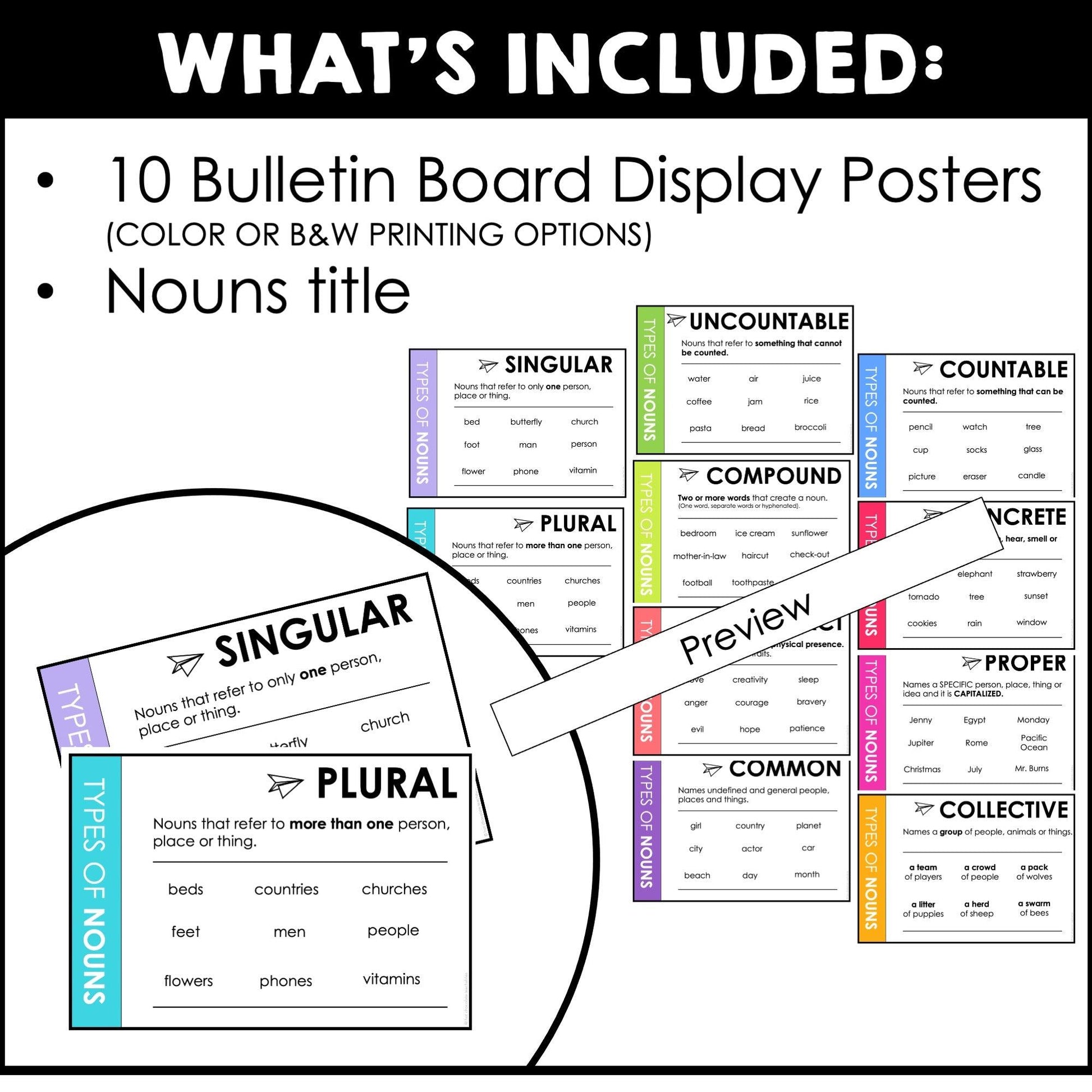 ESL Grammar Posters: Nouns - Noun Types Bulletin Board (Brights) - Hot Chocolate Teachables