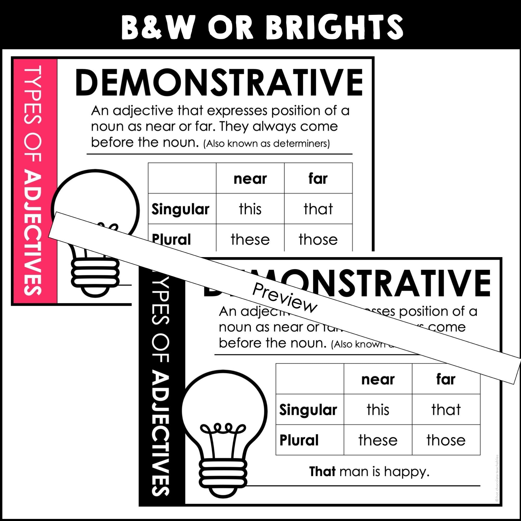 ESL Grammar Posters: Types of Adjectives Bulletin Board (Brights) - Hot Chocolate Teachables
