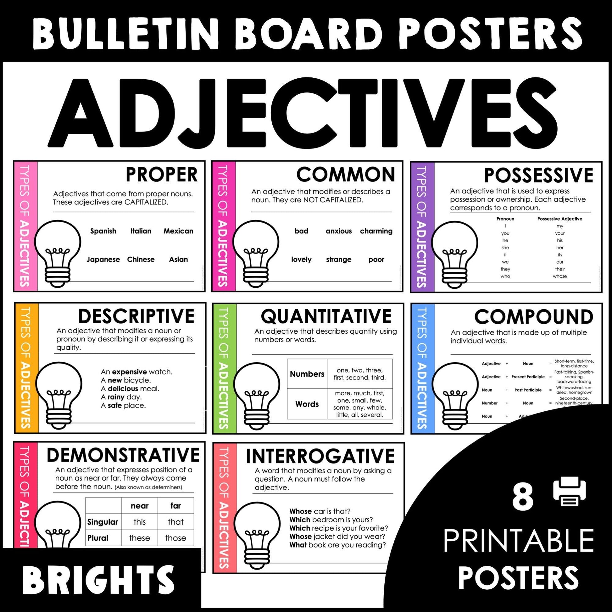 ESL Grammar Posters: Types of Adjectives Bulletin Board (Brights) - Hot Chocolate Teachables