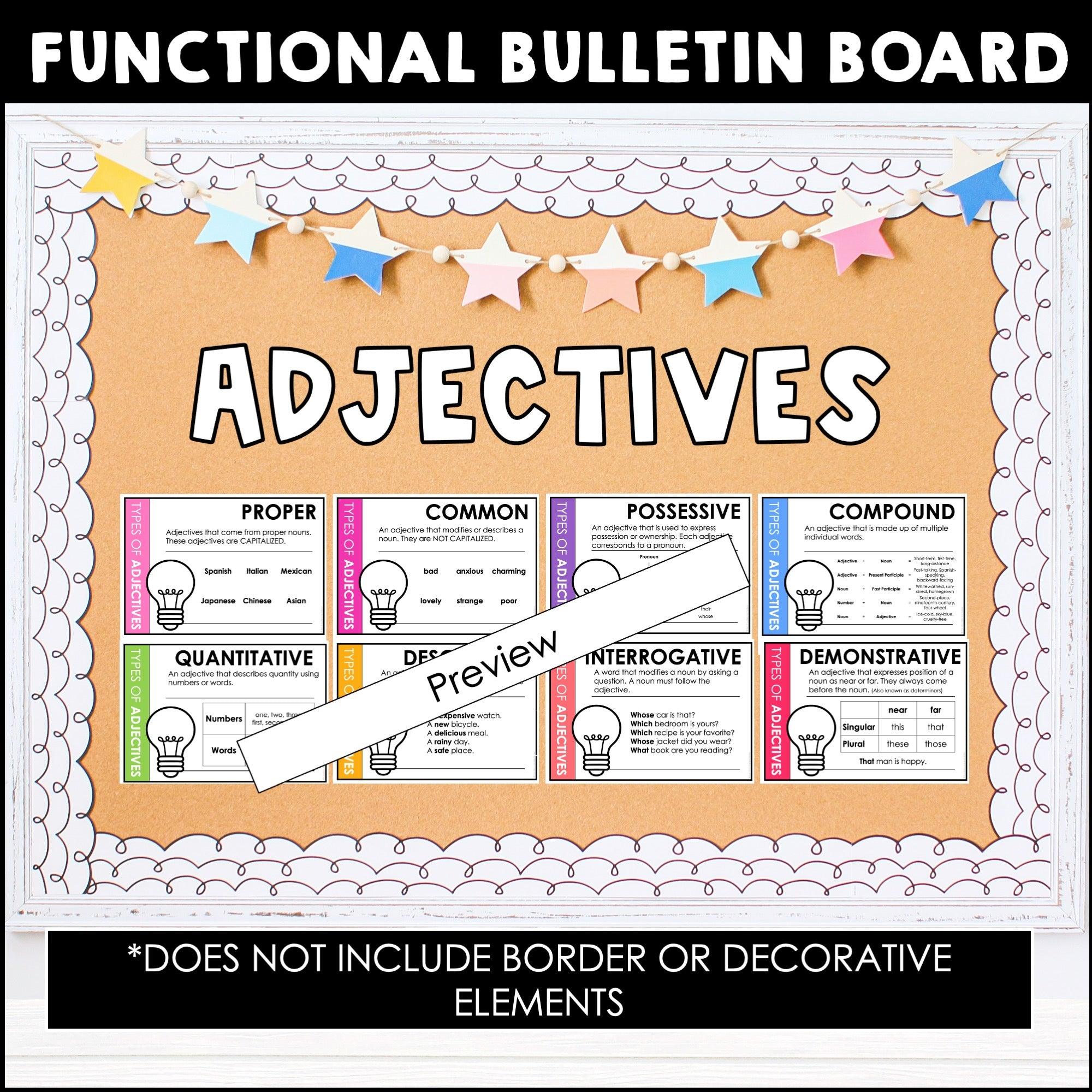 ESL Grammar Posters: Types of Adjectives Bulletin Board (Brights) - Hot Chocolate Teachables