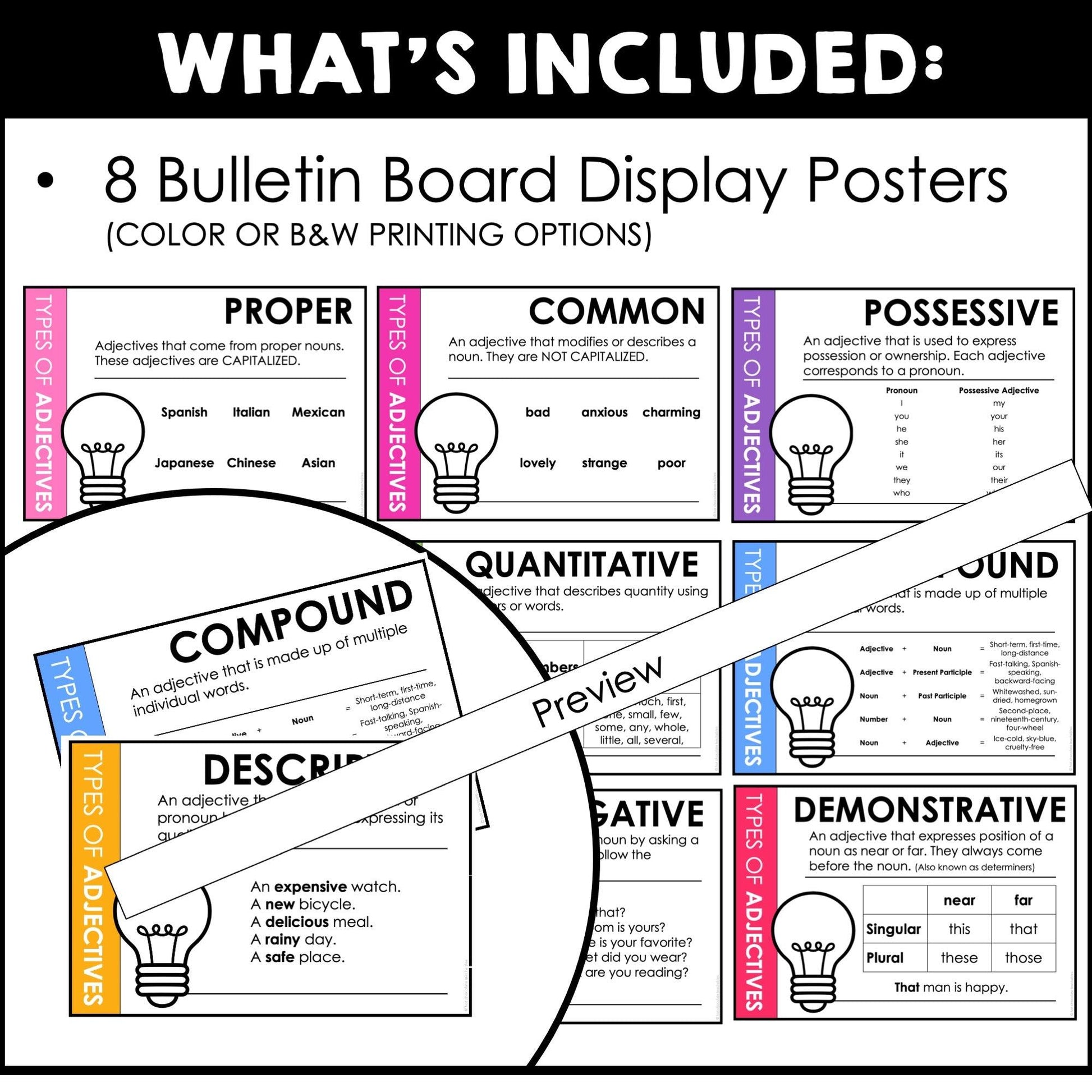 ESL Grammar Posters: Types of Adjectives Bulletin Board (Brights) - Hot Chocolate Teachables