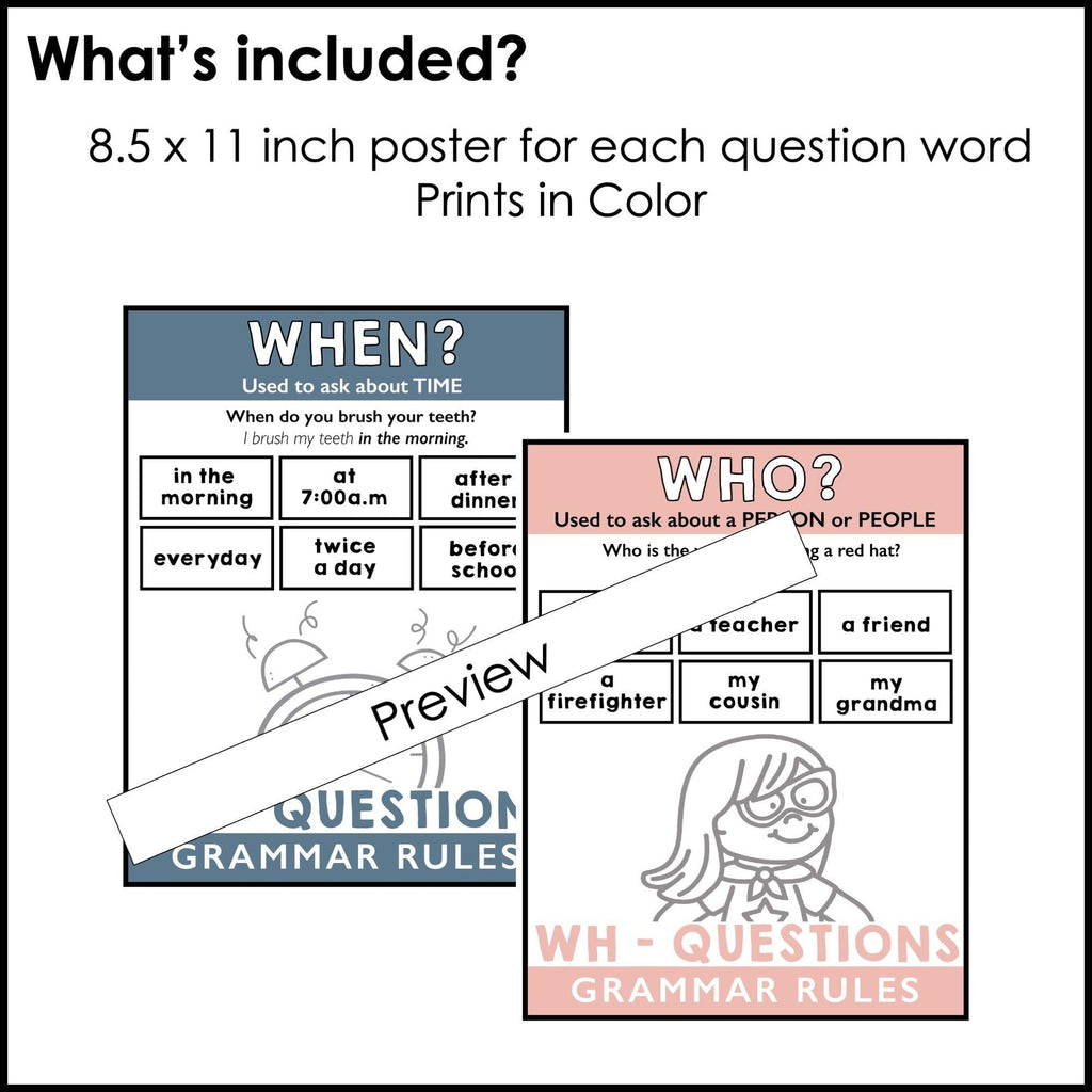 ESL Grammar Posters: Wh-Questions What, When, Where, Why, Who, How BOHO Neutrals - Hot Chocolate Teachables