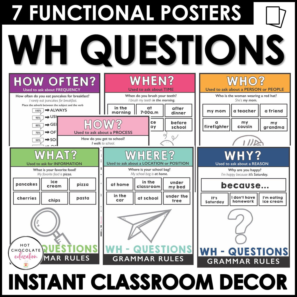 ESL Grammar Posters: Wh-Questions -What, When, Where, Why, Who, How, How Often - Hot Chocolate Teachables