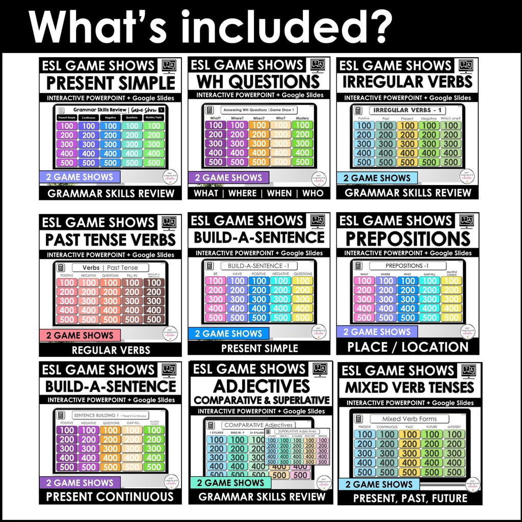 ESL GRAMMAR SKILLS BUNDLE - 30 Jeopardy Style Digital Game Shows - Hot Chocolate Teachables