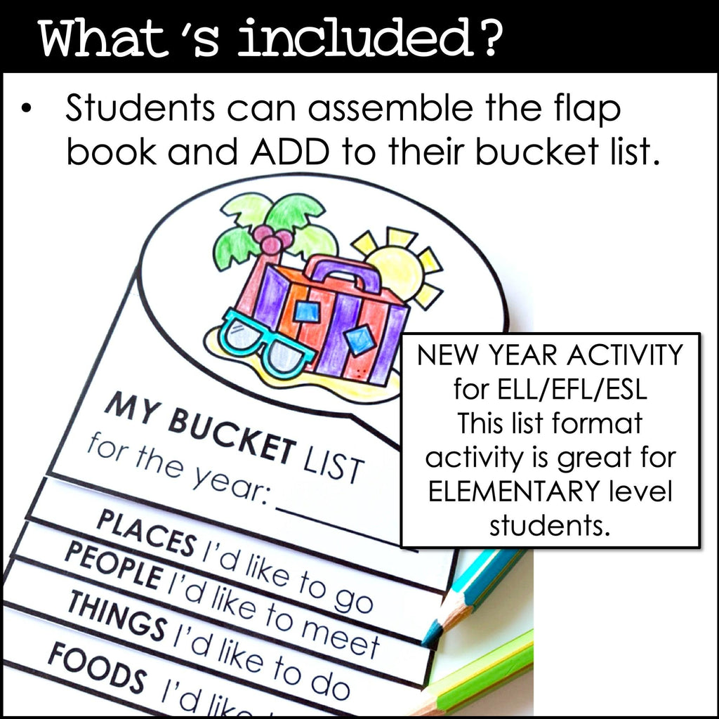 ESL New Year Bucket List Writing Activity | New Year Goals FLAP BOOK - Hot Chocolate Teachables