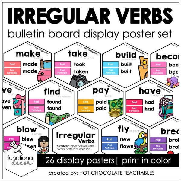 ESL Past Tense Irregular Verb Posters | Bulletin Board Display - Word Wall - Hot Chocolate Teachables