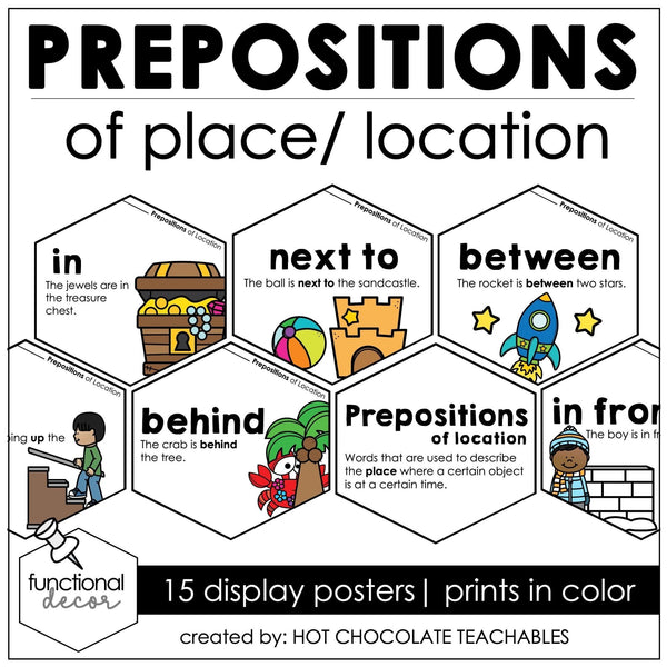 ESL Prepositions of Place / Location Posters Bulletin Board Display - Word Wall - Hot Chocolate Teachables