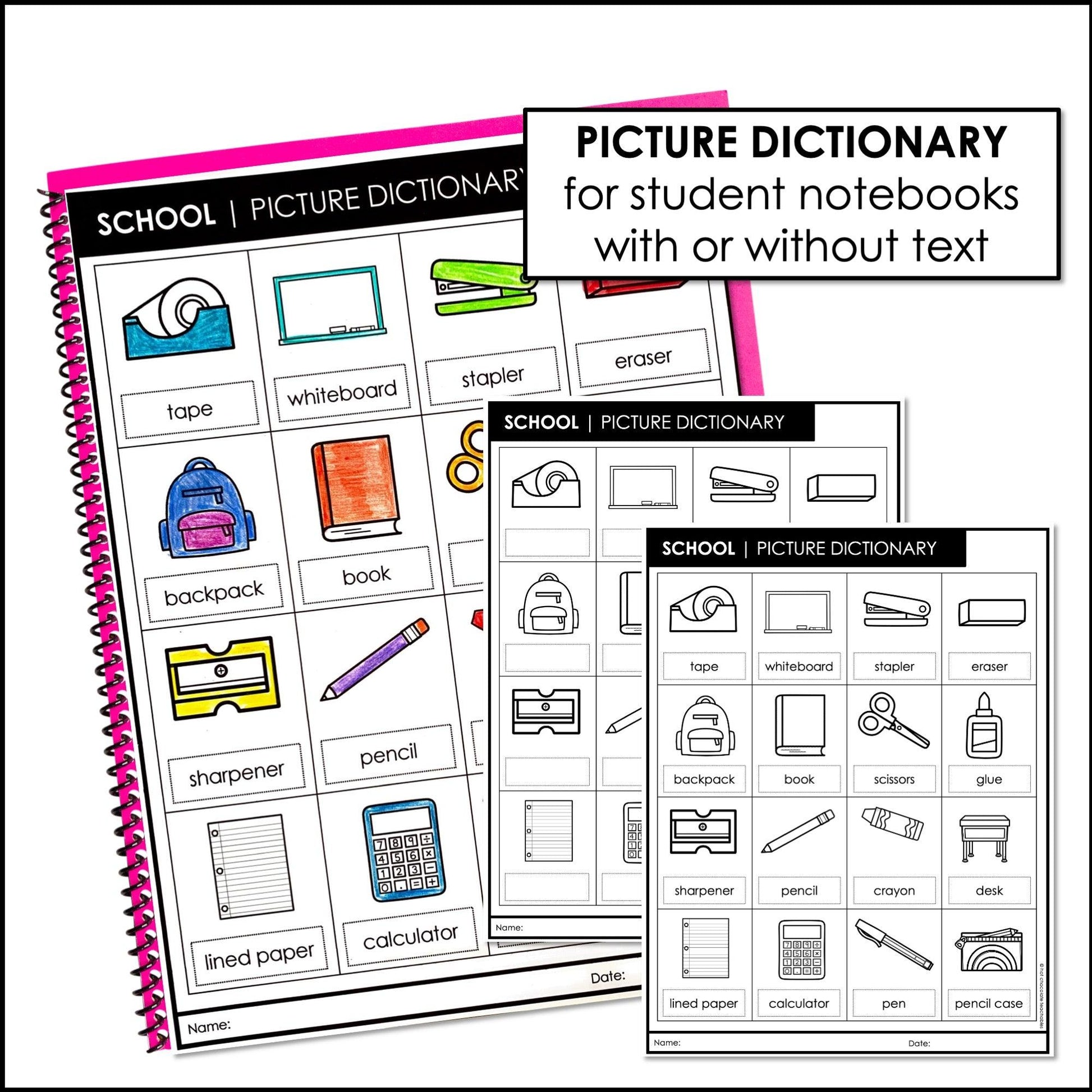 ESL School Supply Vocabulary Helpers - Picture Dictionary - Worksheets - Posters - Hot Chocolate Teachables