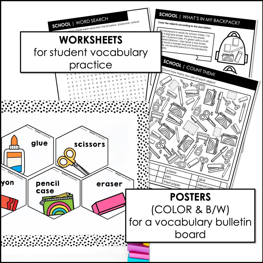 ESL School Supply Vocabulary Helpers - Picture Dictionary - Worksheets - Posters - Hot Chocolate Teachables