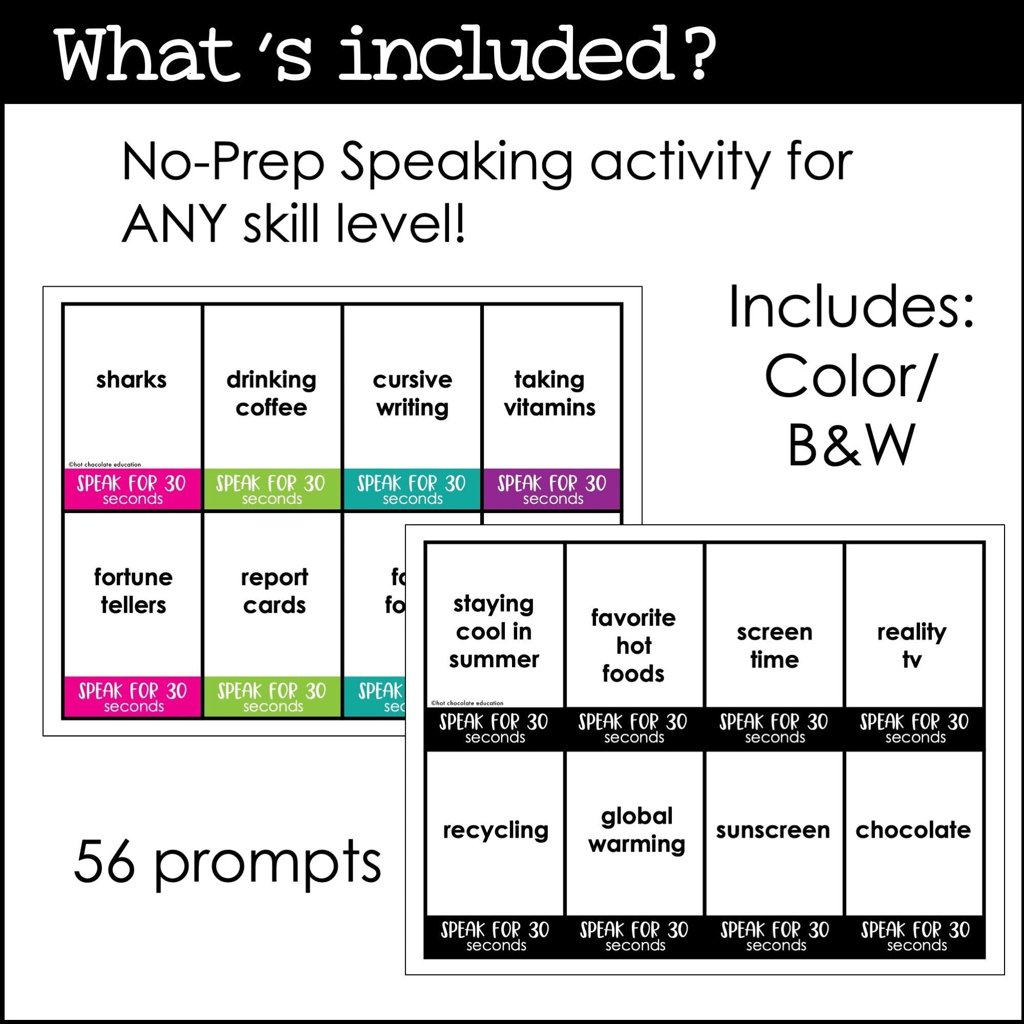 ESL Speaking Topic Prompts - Speak for 30 Seconds Discussion Cards - Hot Chocolate Teachables