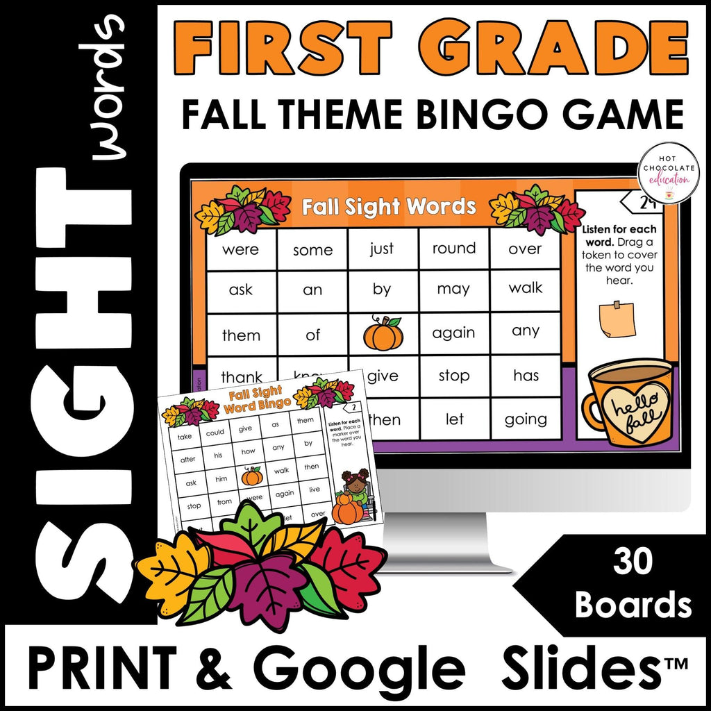 FALL 1st Grade Sight Words Bingo - Print & Digital Google Sides™ included - Hot Chocolate Teachables