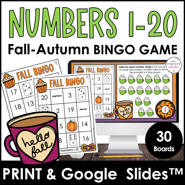 Fall / Autumn Number Bingo 1-20 | Number Sense | Digital and Print BUNDLE - Hot Chocolate Teachables