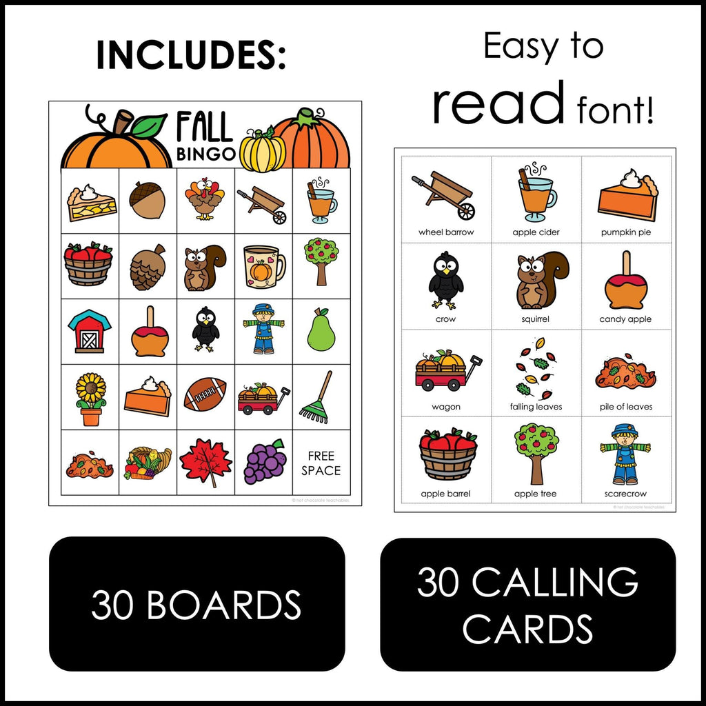 Fall Vocabulary Bingo - Autumn Game - Fall Classroom Party Game - Hot Chocolate Teachables