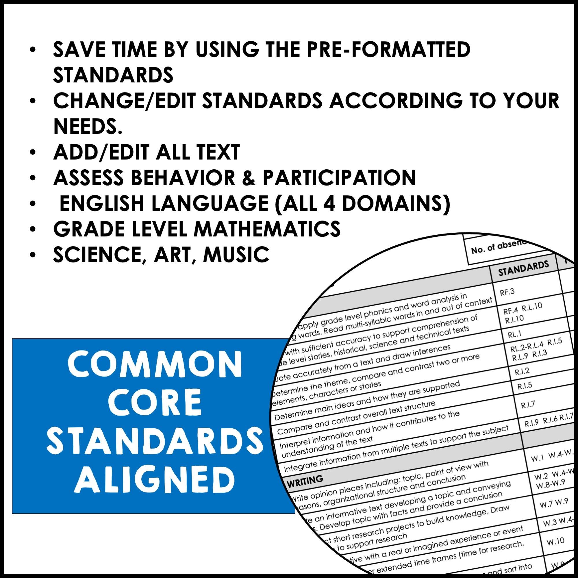 FIFTH Grade Editable Report Card Templates with Common Core Aligned Standards - Hot Chocolate Teachables