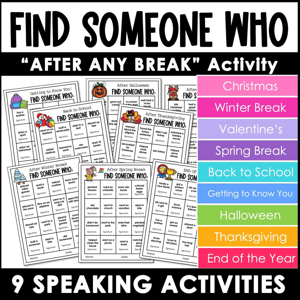 Find Someone Who - ESL Speaking Activities for After ANY Break - Hot Chocolate Teachables