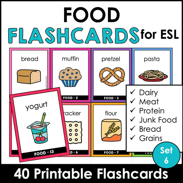 Food Group Vocabulary Flashcards | ESL Task Cards - Meat, Dairy, Protein - Hot Chocolate Teachables