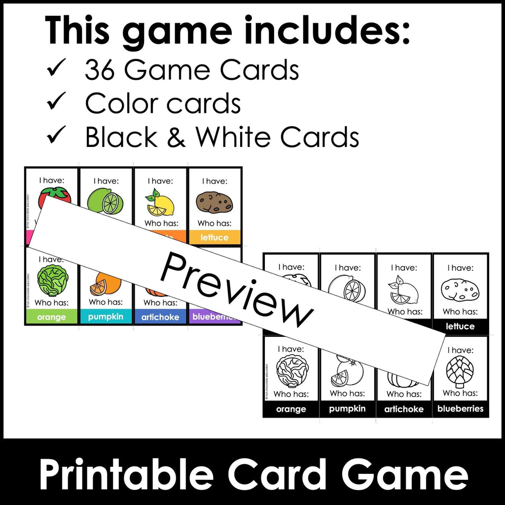 Fruits & Vegetables - I have - Who Has? Vocabulary Matching Card Game - Hot Chocolate Teachables