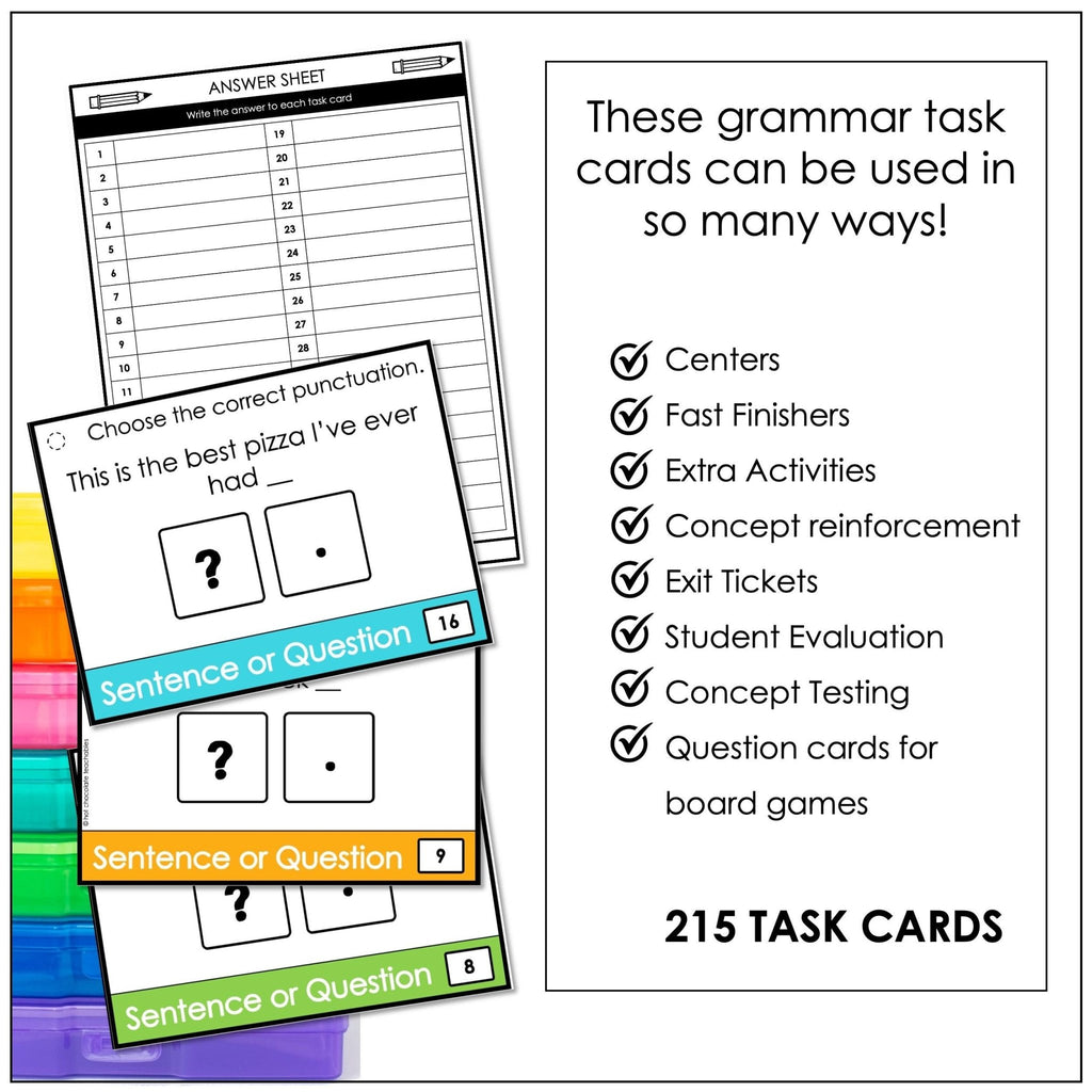 Grammar Task Card Bundle - Beginning Concepts for ESL EFL ELA - Hot Chocolate Teachables