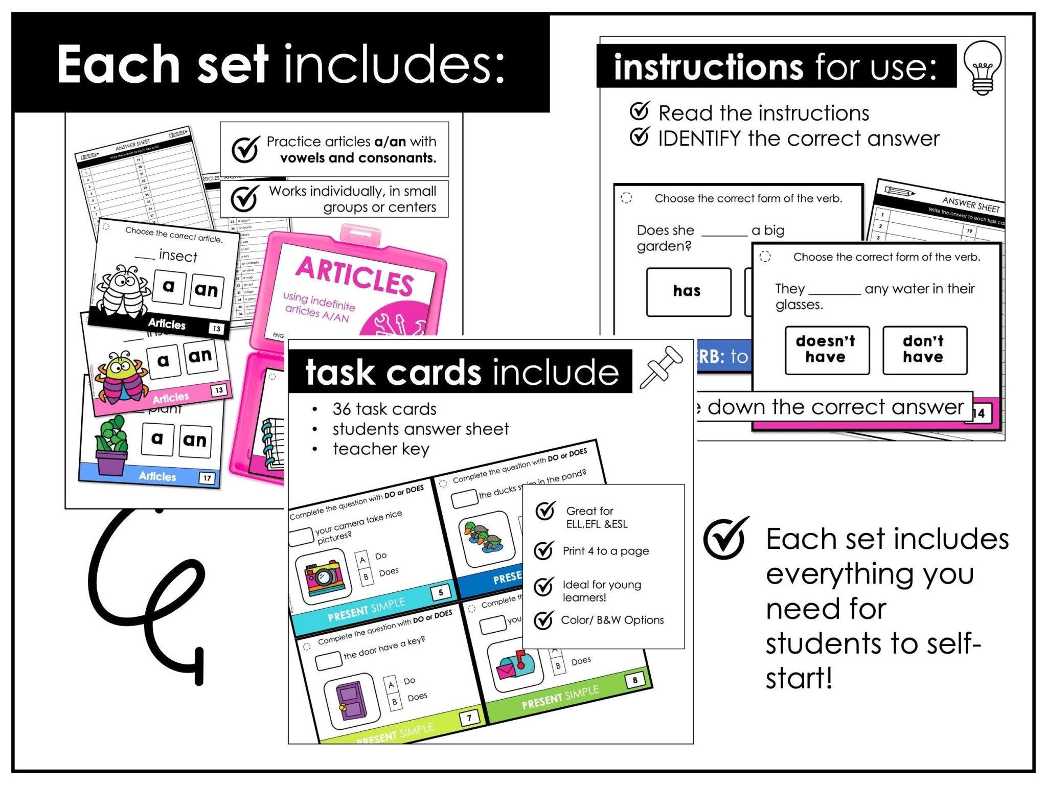 Grammar Task Cards Bundle - Parts of Speech, Verbs, Nouns, Prepositions | ESL - Hot Chocolate Teachables