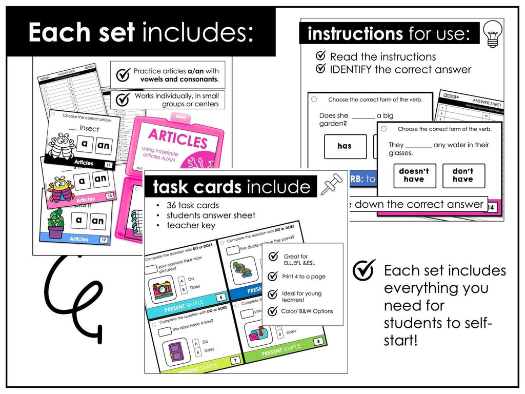 Grammar Task Cards Bundle - Parts of Speech, Verbs, Nouns, Prepositions | ESL - Hot Chocolate Teachables