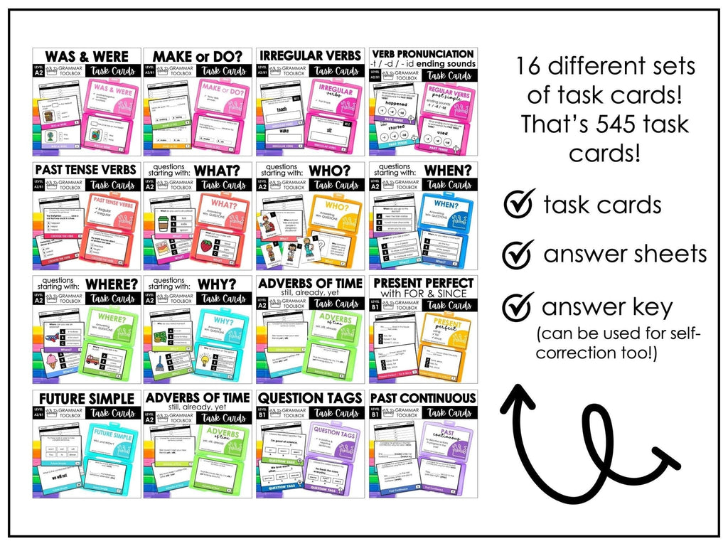 Grammar Task Cards Bundle - WH Questions, Past & Future Verb Tenses - A2 B1 ESL - Hot Chocolate Teachables