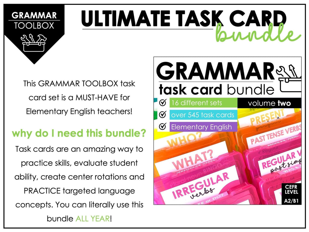 Grammar Task Cards Bundle - WH Questions, Past & Future Verb Tenses - A2 B1 ESL - Hot Chocolate Teachables