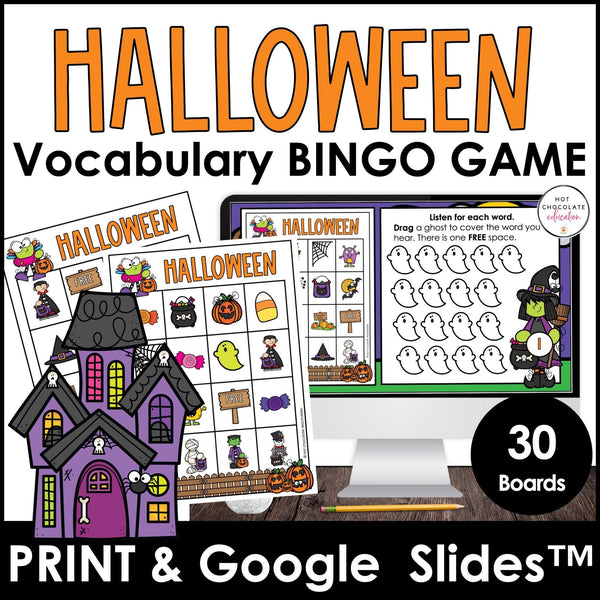 Halloween Vocabulary Bingo Game - with Printable & Digital Google Slides Version - Hot Chocolate Teachables