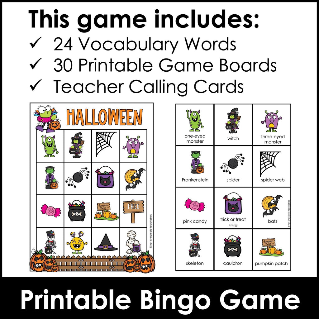 Halloween Vocabulary Bingo Game - with Printable & Digital Google Slides Version - Hot Chocolate Teachables