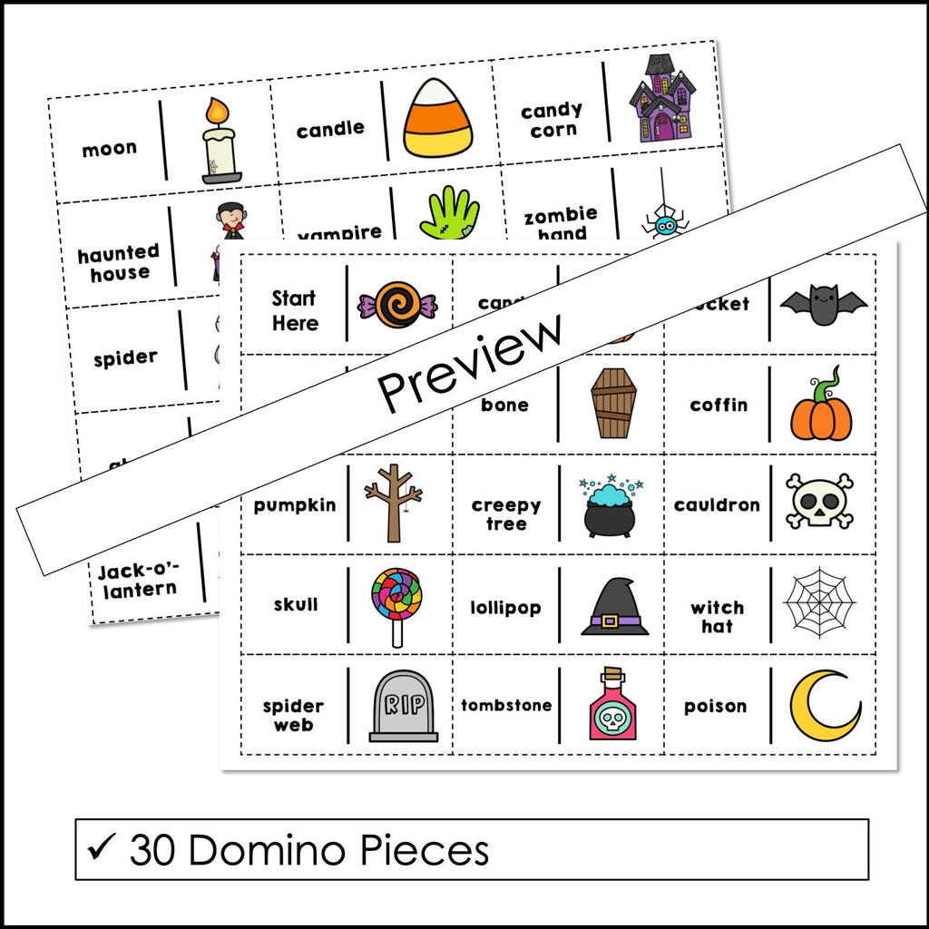 Halloween Vocabulary Dominoes - Party Game - Halloween Words - Hot Chocolate Teachables