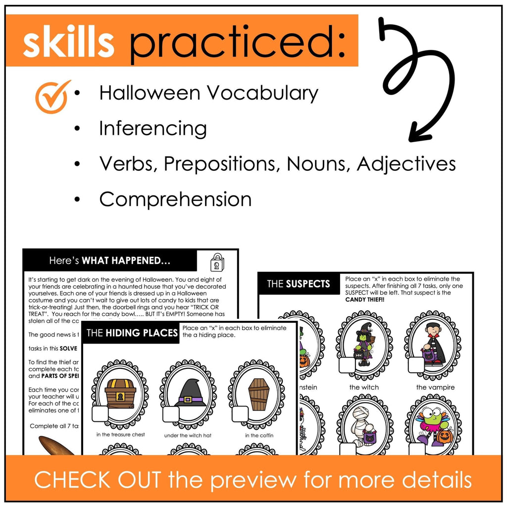 Halloween Vocabulary Escape Room - Parts of Speech - Solve the Mystery Activity - Hot Chocolate Teachables