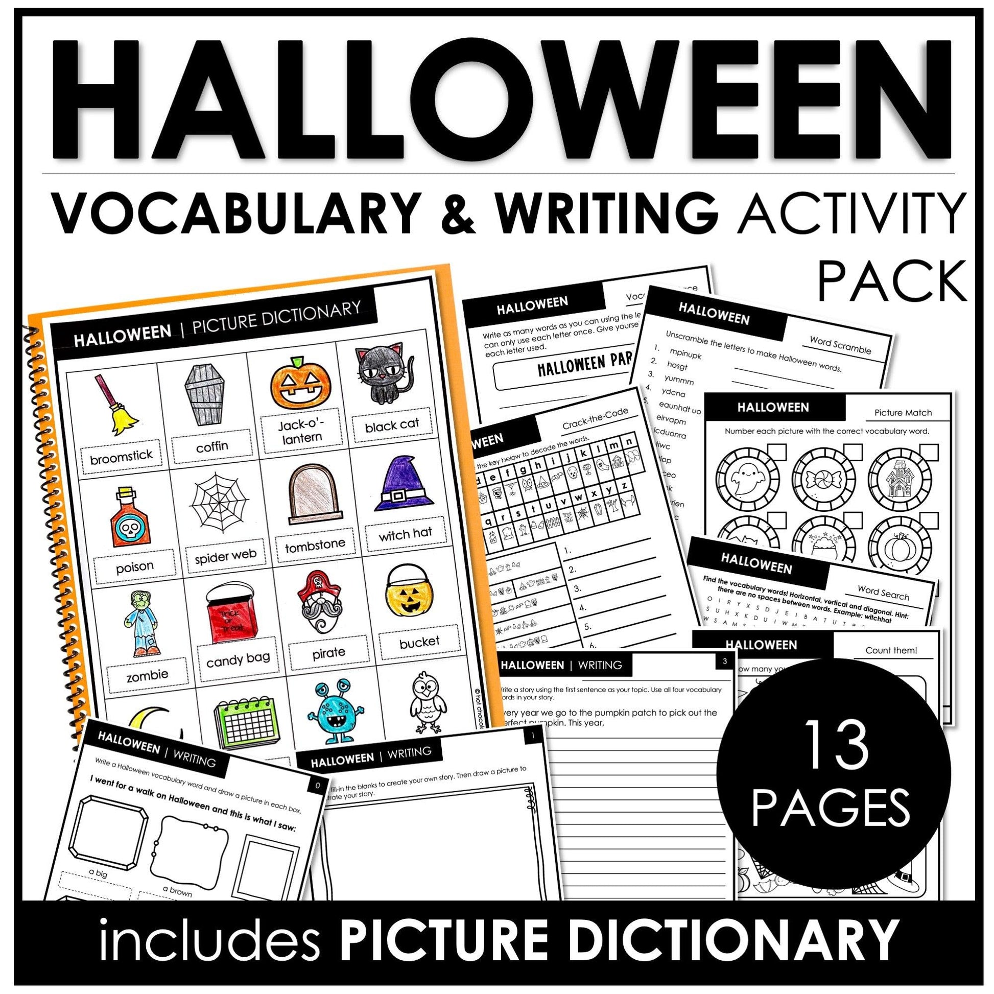 Halloween Vocabulary Word Worksheet Pack - Hot Chocolate Teachables