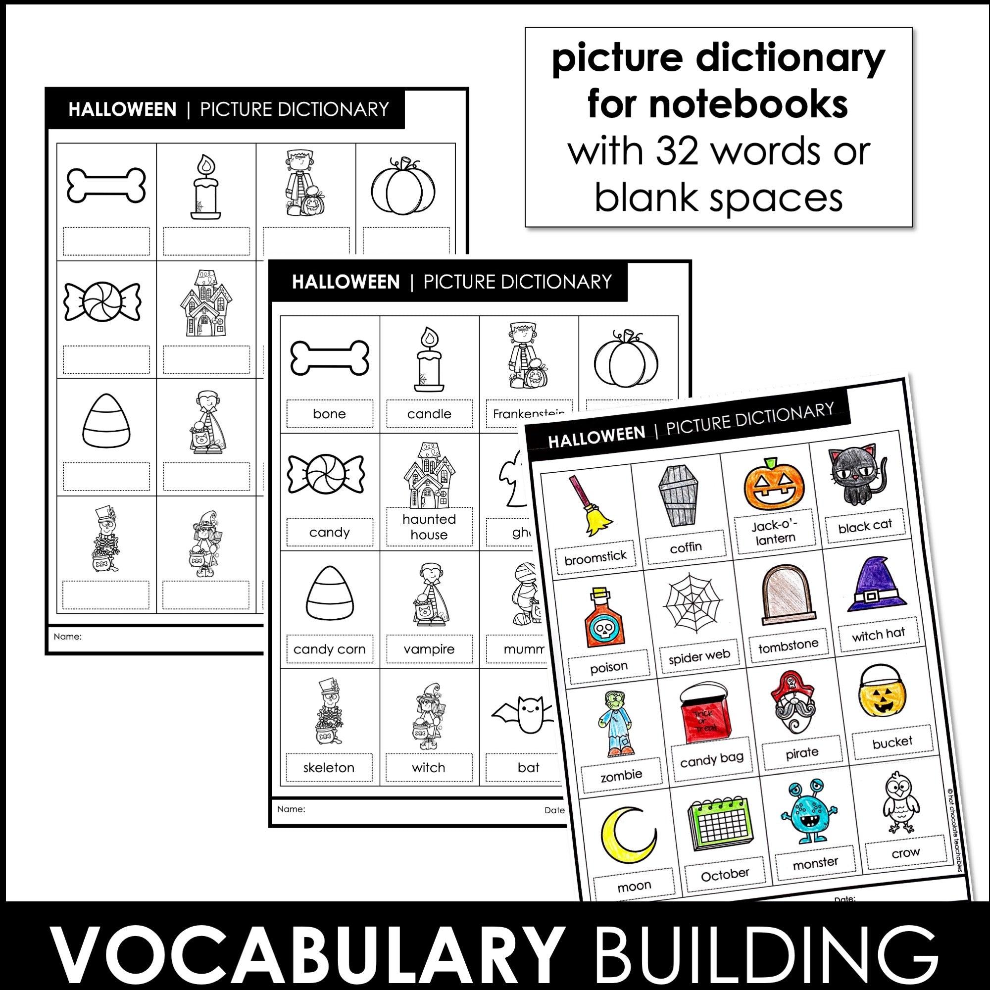 Halloween Vocabulary Word Worksheet Pack - Hot Chocolate Teachables
