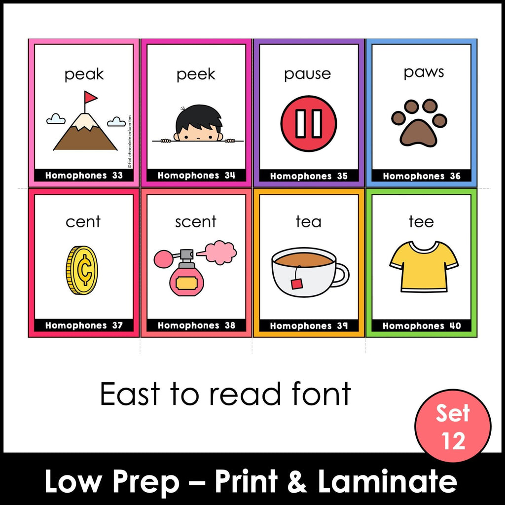 Homophone Identification Flashcards : ESL Vocabulary Task Cards - Flash Cards - Hot Chocolate Teachables