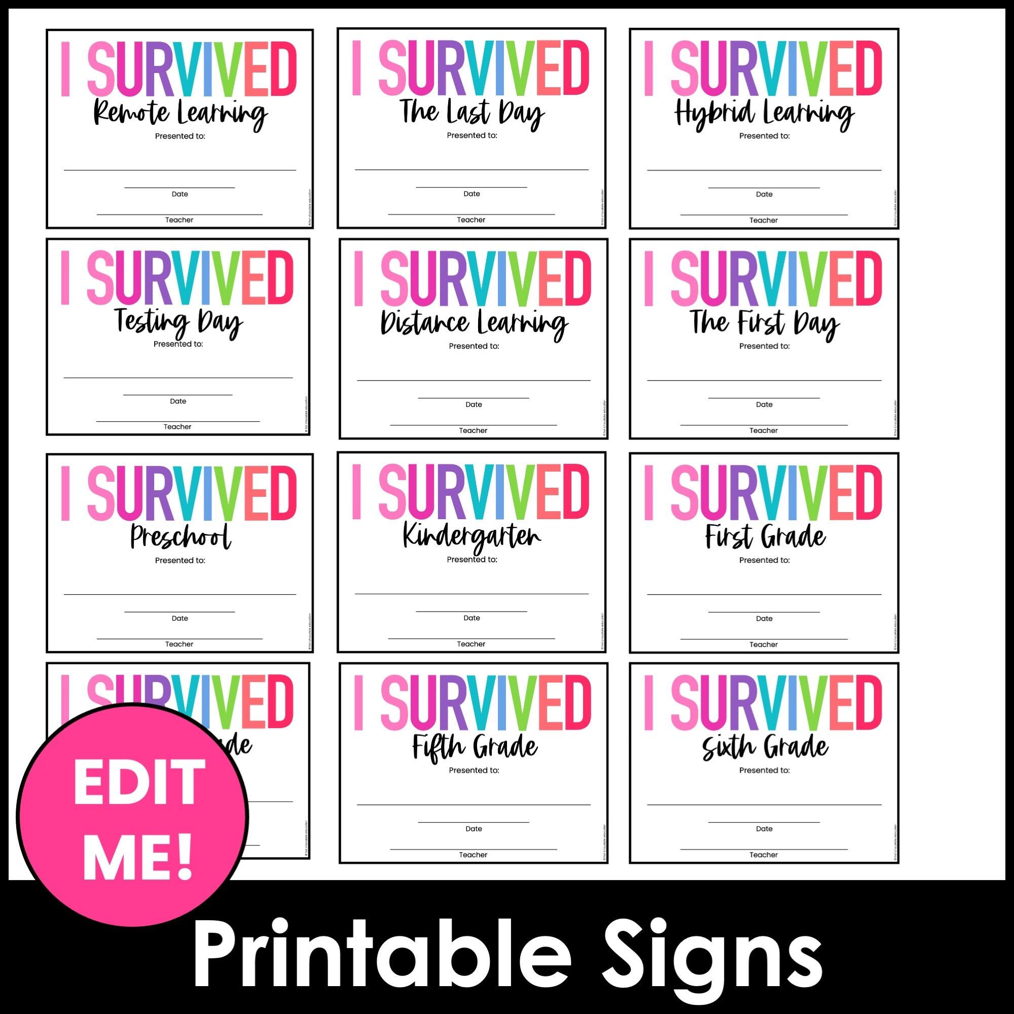 I SURVIVED -Editable End of the School Year Certificates - Awards for all Grades - Hot Chocolate Teachables