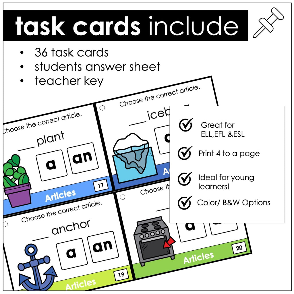 Indefinite Articles A or AN - Task Cards - ESL GRAMMAR TOOLBOX - Hot Chocolate Teachables