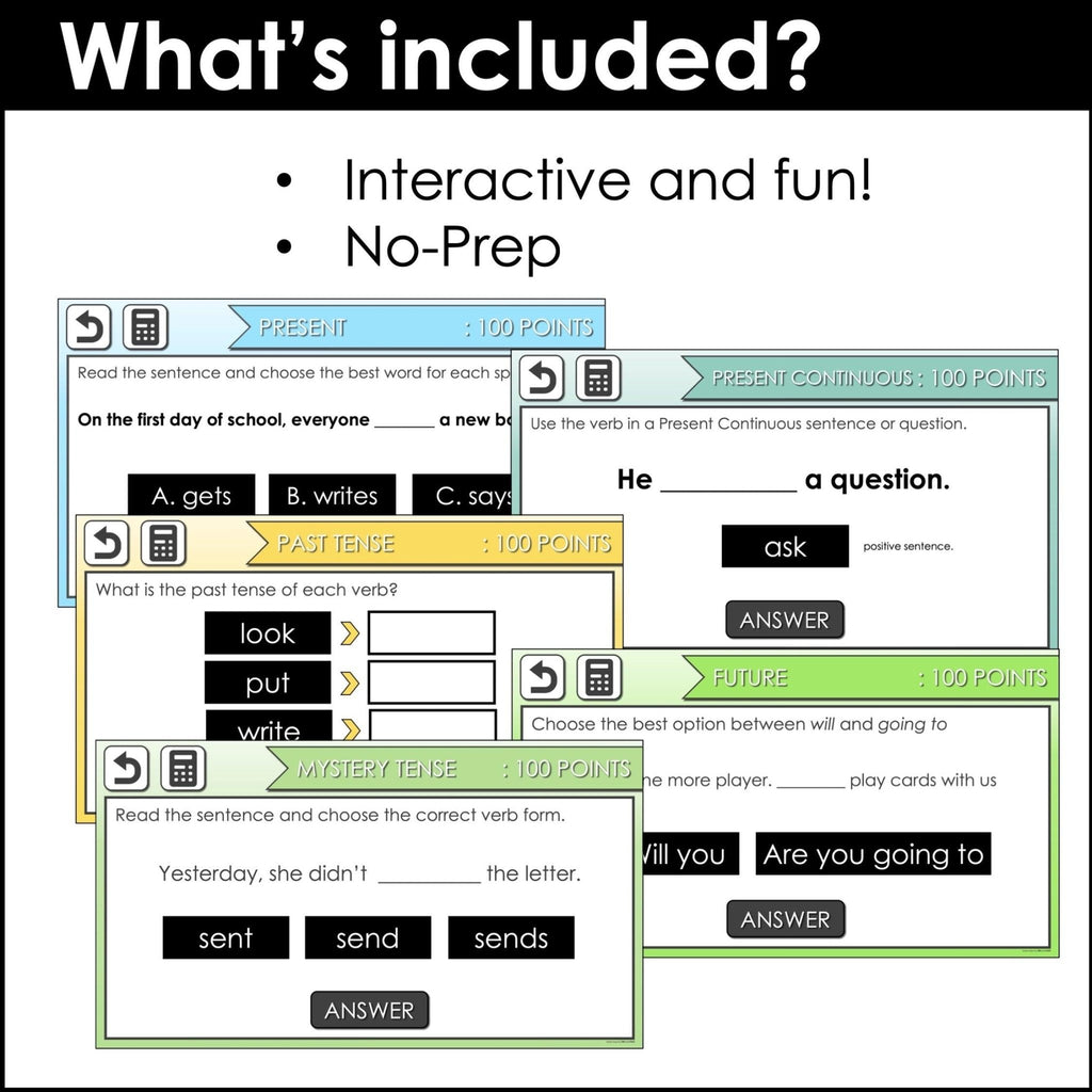 Mixed Verb Tenses : Present, Continuous, Past & Future | Interactive Game Show - Hot Chocolate Teachables