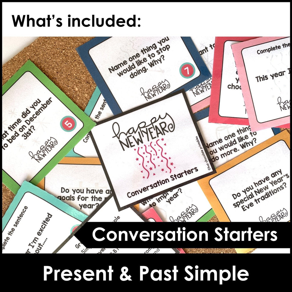 New Year Conversation Questions : Simple Present & Simple Past - Hot Chocolate Teachables