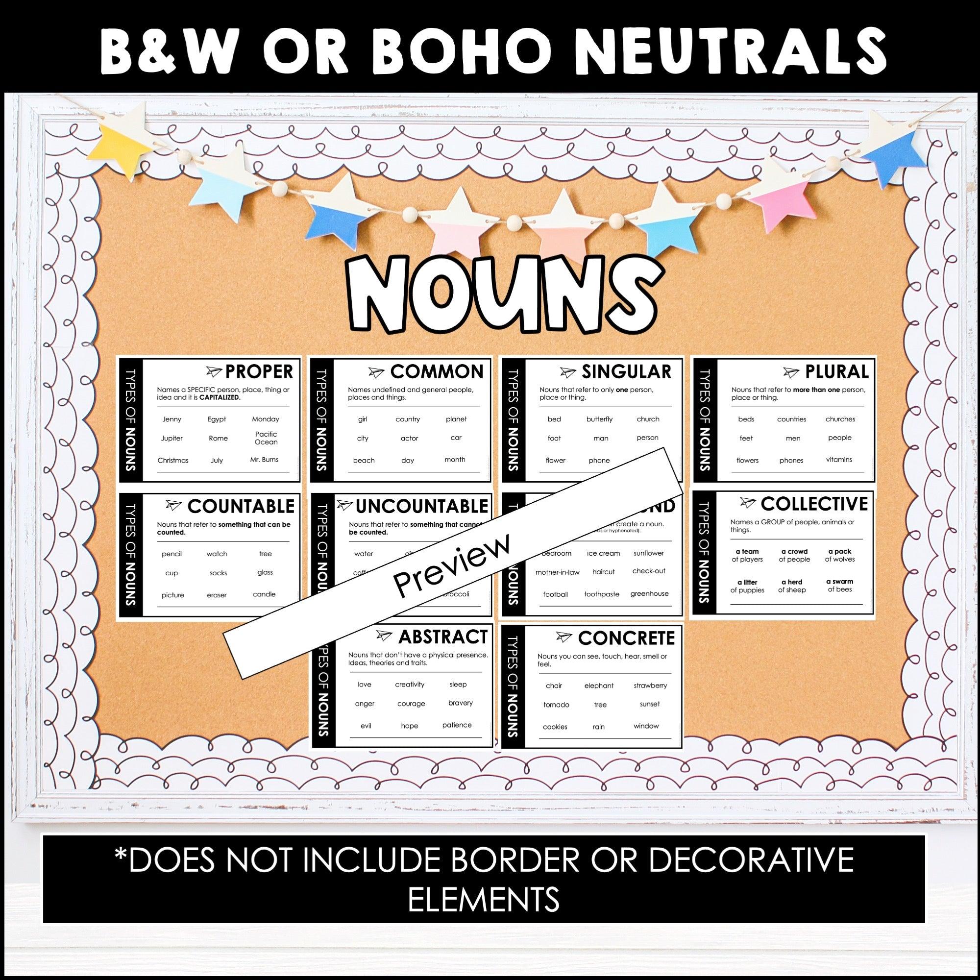 Noun Posters - Noun Types Parts of Speech Bulletin Board Display (Neutrals) - Hot Chocolate Teachables