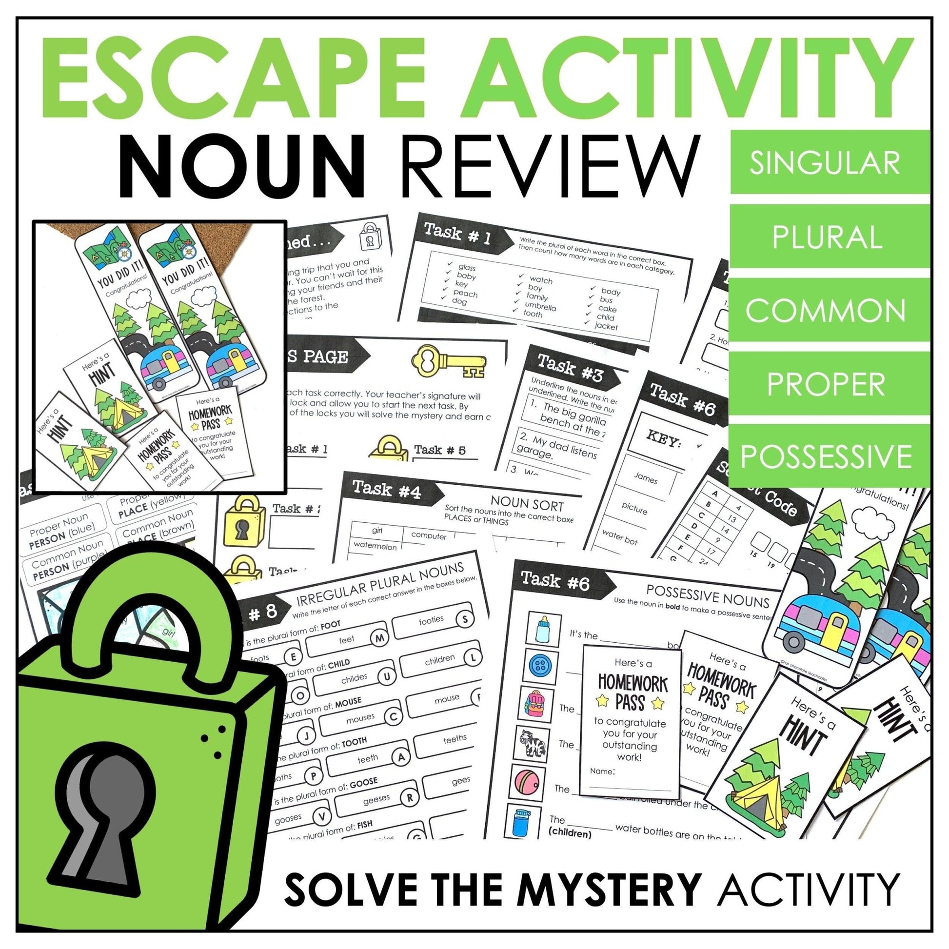 Noun Review Escape - Plural - Possessive - Common & Proper Nouns ELL /EFL / ESL - Hot Chocolate Teachables