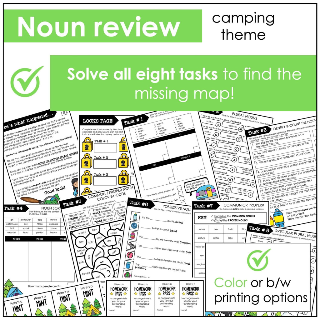 Noun Review Escape - Plural - Possessive - Common & Proper Nouns ELL /EFL / ESL - Hot Chocolate Teachables