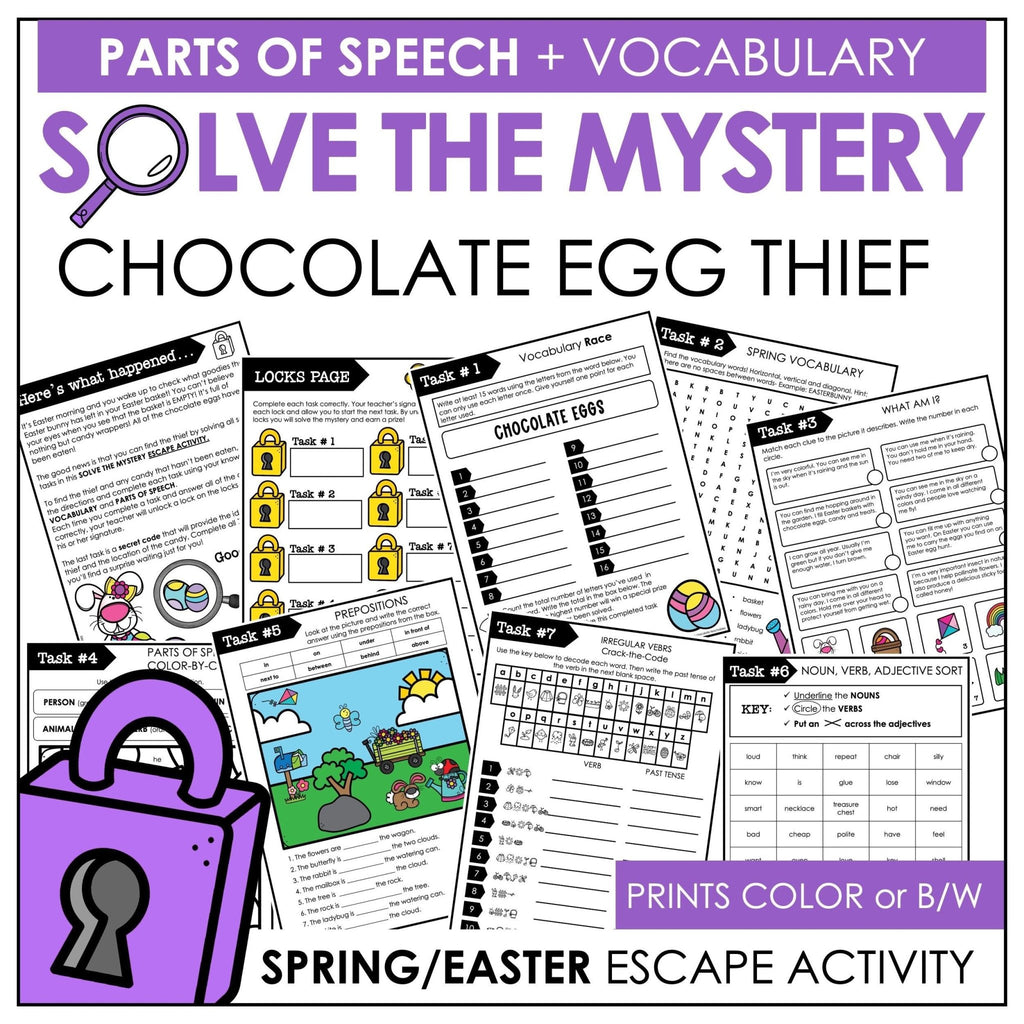 Parts of Speech - Easter / Spring Escape Room - Solve the Mystery Activity - Hot Chocolate Teachables