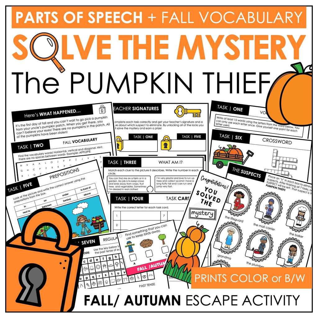 Parts of Speech - Fall Vocabulary - Escape Room - Solve the Mystery Activity - Hot Chocolate Teachables