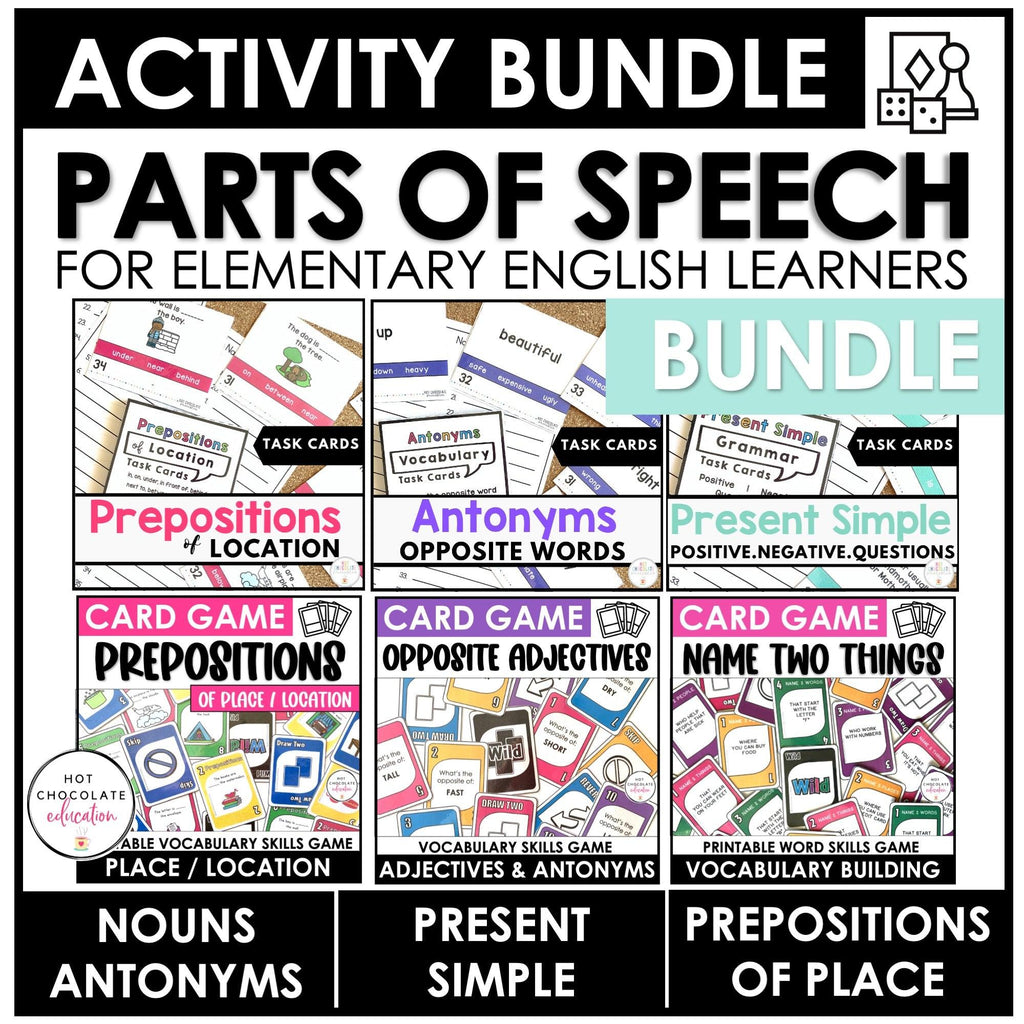 Parts of Speech: Games & Task Card Bundle | Nouns, Verb, Adjective, Preposition - Hot Chocolate Teachables