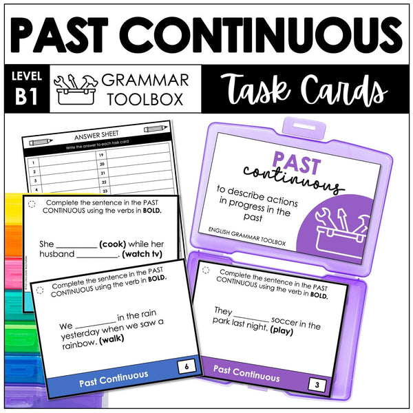 Past Continuous Verb Tense Grammar Task Cards for ESL - Past Actions - Hot Chocolate Teachables