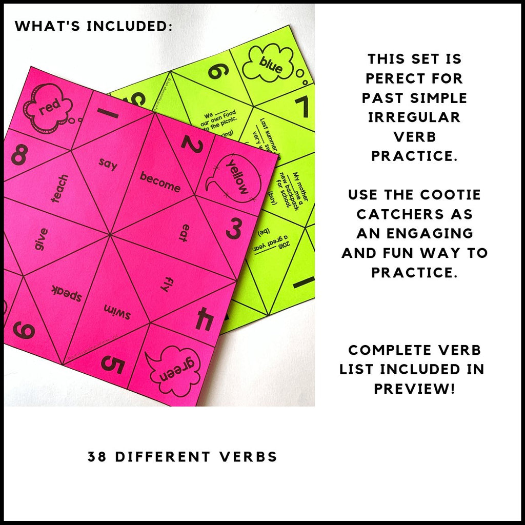 Past Tense Irregular Verbs Activity : Cootie Catcher - Fortune Tellers - Hot Chocolate Teachables