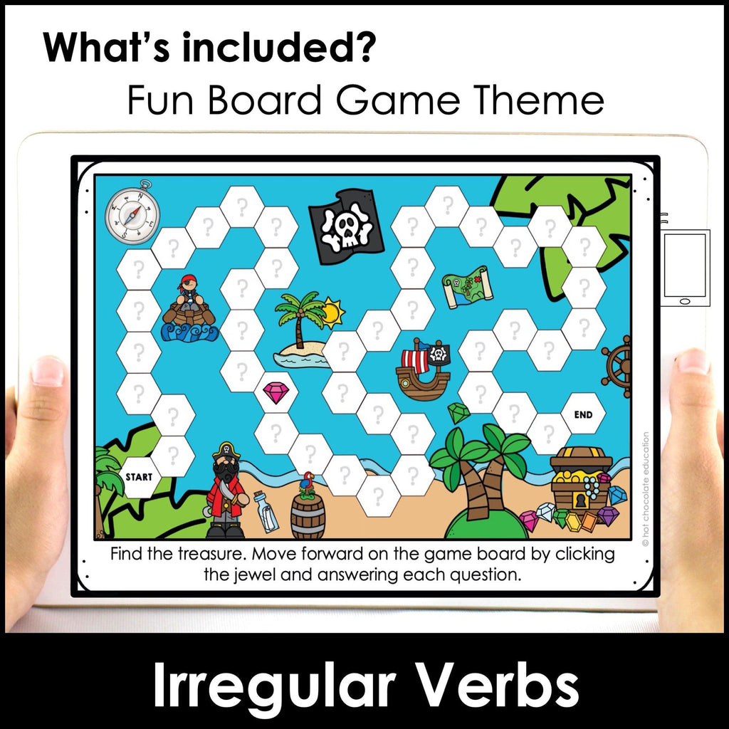 Past Tense Irregular Verbs - Verb Boom Cards | Find the Treasure Board Game - Hot Chocolate Teachables