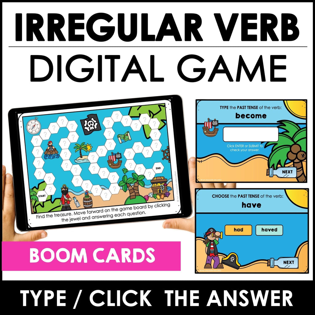 Past Tense Irregular Verbs - Verb Boom Cards | Find the Treasure Board Game - Hot Chocolate Teachables