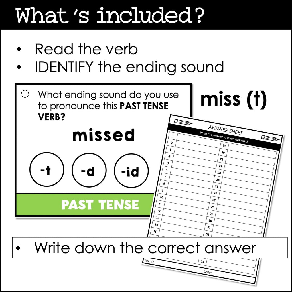 Past Tense Verb Ending Pronunciations Task Cards -t -d -id - Hot Chocolate Teachables