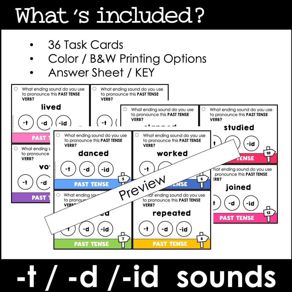 Past Tense Verb Ending Pronunciations Task Cards -t -d -id - Hot Chocolate Teachables